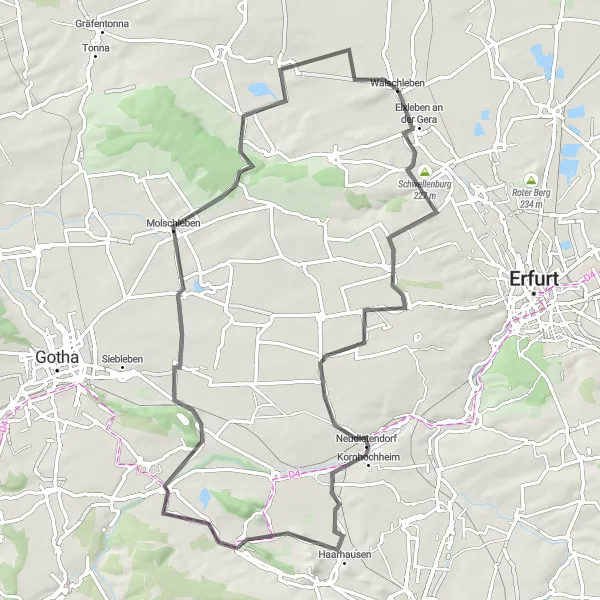 Karten-Miniaturansicht der Radinspiration "Hügeliger Roadtrip nach Walschleben" in Thüringen, Germany. Erstellt vom Tarmacs.app-Routenplaner für Radtouren