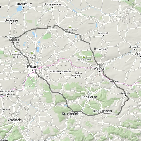 Map miniature of "Walschleben to Thüringen's Hidden Gems Road Loop" cycling inspiration in Thüringen, Germany. Generated by Tarmacs.app cycling route planner
