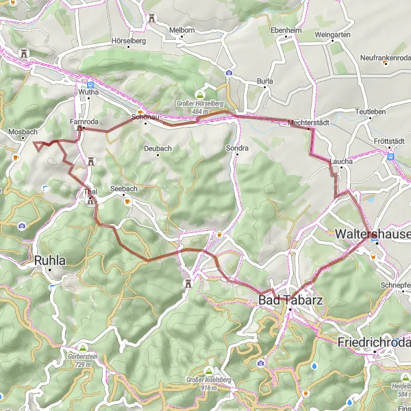 Map miniature of "The Charming Gravel Tour near Waltershausen" cycling inspiration in Thüringen, Germany. Generated by Tarmacs.app cycling route planner