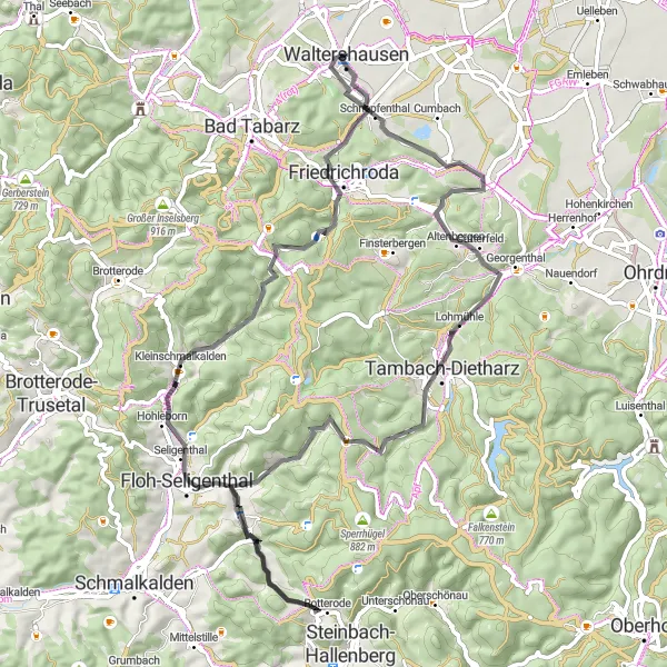 Karten-Miniaturansicht der Radinspiration "Abenteuerlicher Rundweg über Lohmühle und Heuberg" in Thüringen, Germany. Erstellt vom Tarmacs.app-Routenplaner für Radtouren