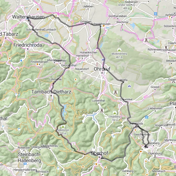 Karten-Miniaturansicht der Radinspiration "Höhen und Tiefen rund um Waltershausen" in Thüringen, Germany. Erstellt vom Tarmacs.app-Routenplaner für Radtouren