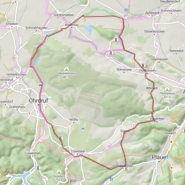 Map miniature of "Wandersleben Goldberg Gravel Ride" cycling inspiration in Thüringen, Germany. Generated by Tarmacs.app cycling route planner