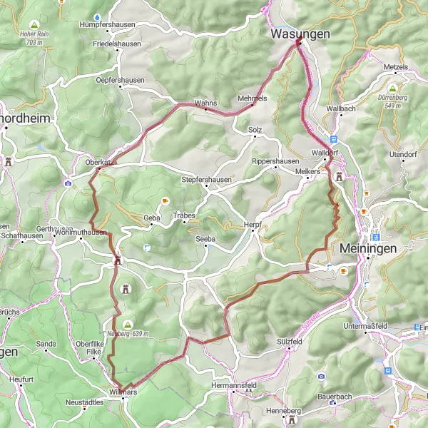 Map miniature of "The Wasungen Gravel Adventure" cycling inspiration in Thüringen, Germany. Generated by Tarmacs.app cycling route planner