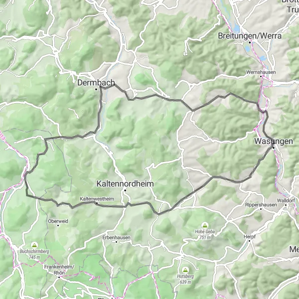 Map miniature of "The Rhön Panorama" cycling inspiration in Thüringen, Germany. Generated by Tarmacs.app cycling route planner