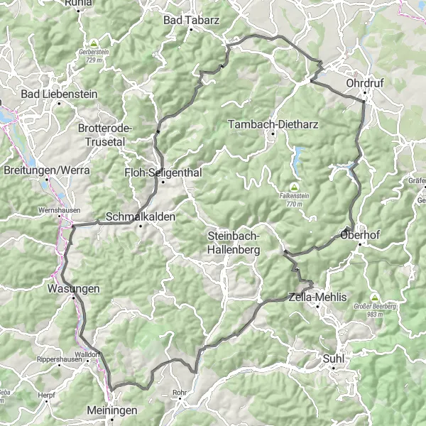 Karten-Miniaturansicht der Radinspiration "Rundtour um Wasungen" in Thüringen, Germany. Erstellt vom Tarmacs.app-Routenplaner für Radtouren