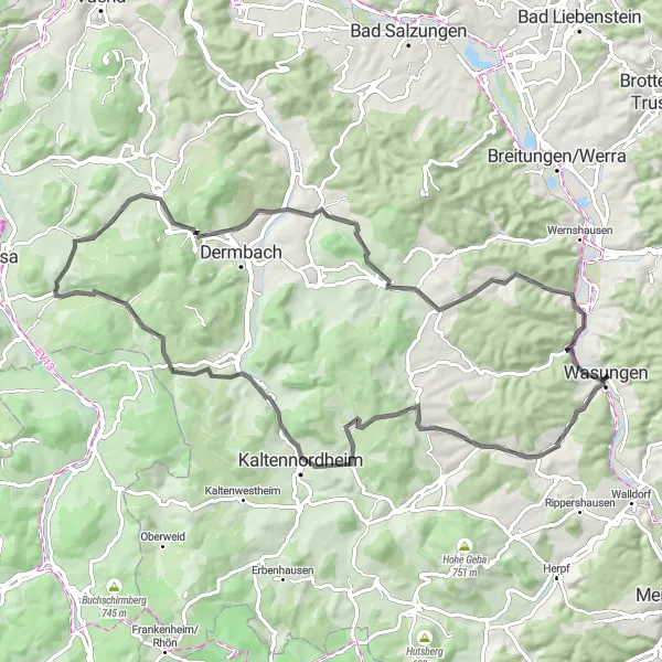 Karten-Miniaturansicht der Radinspiration "Abwechslungsreiche Road-Tour um Wasungen" in Thüringen, Germany. Erstellt vom Tarmacs.app-Routenplaner für Radtouren