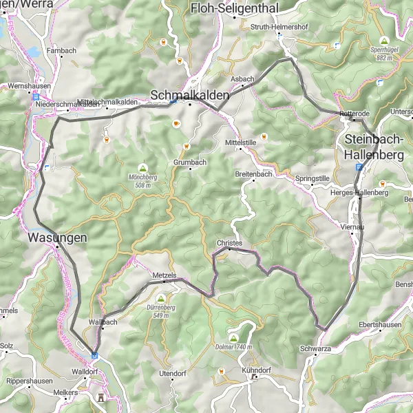Map miniature of "The Short and Scenic Road Route" cycling inspiration in Thüringen, Germany. Generated by Tarmacs.app cycling route planner