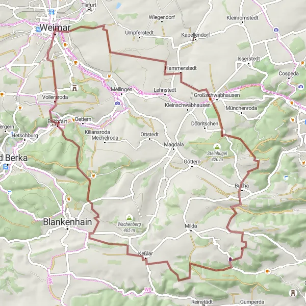 Karten-Miniaturansicht der Radinspiration "Abenteuerliche Tour um Weimar" in Thüringen, Germany. Erstellt vom Tarmacs.app-Routenplaner für Radtouren