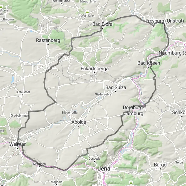 Karten-Miniaturansicht der Radinspiration "Lange Radtour durch Weimars Umgebung" in Thüringen, Germany. Erstellt vom Tarmacs.app-Routenplaner für Radtouren