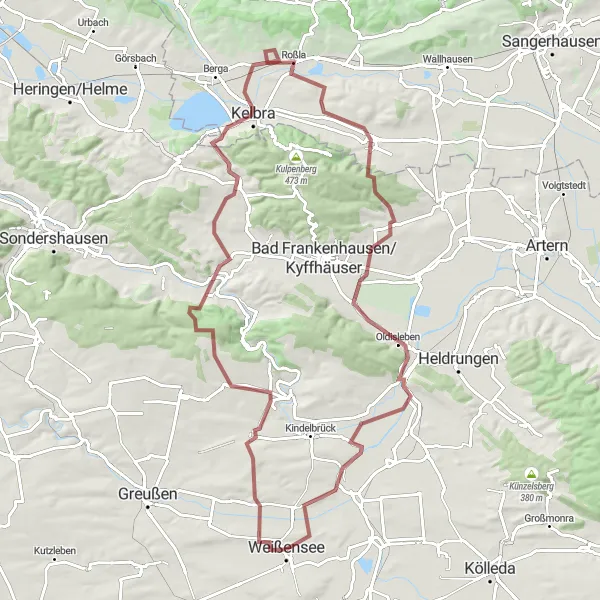 Map miniature of "Kyffhäuser Wilderness Gravel Adventure" cycling inspiration in Thüringen, Germany. Generated by Tarmacs.app cycling route planner