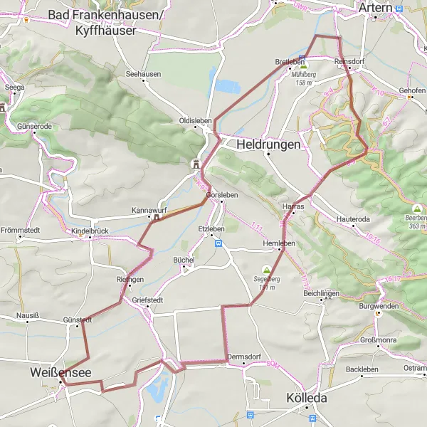Karten-Miniaturansicht der Radinspiration "Thüringer Hügelland Gravel Tour" in Thüringen, Germany. Erstellt vom Tarmacs.app-Routenplaner für Radtouren
