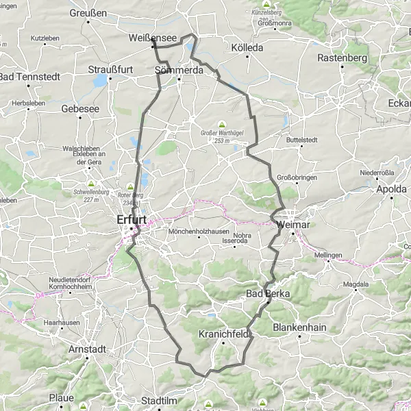 Karten-Miniaturansicht der Radinspiration "Road-Tour zu den Kirschbergen und zum Salzberg" in Thüringen, Germany. Erstellt vom Tarmacs.app-Routenplaner für Radtouren