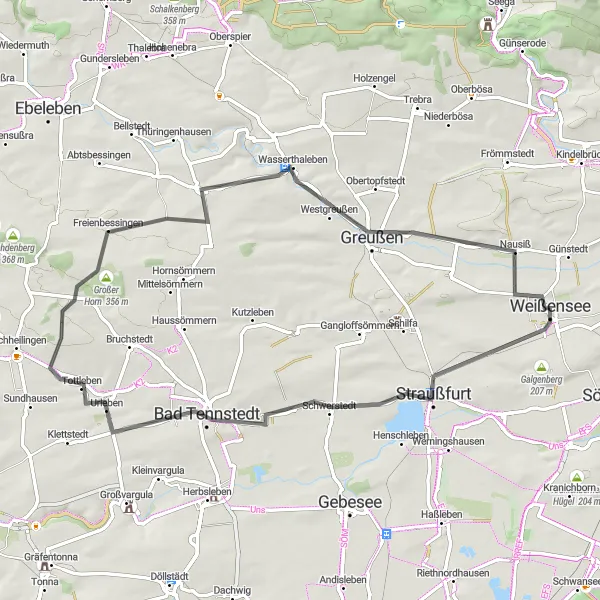 Map miniature of "Road Cycling Adventure to Greußen" cycling inspiration in Thüringen, Germany. Generated by Tarmacs.app cycling route planner