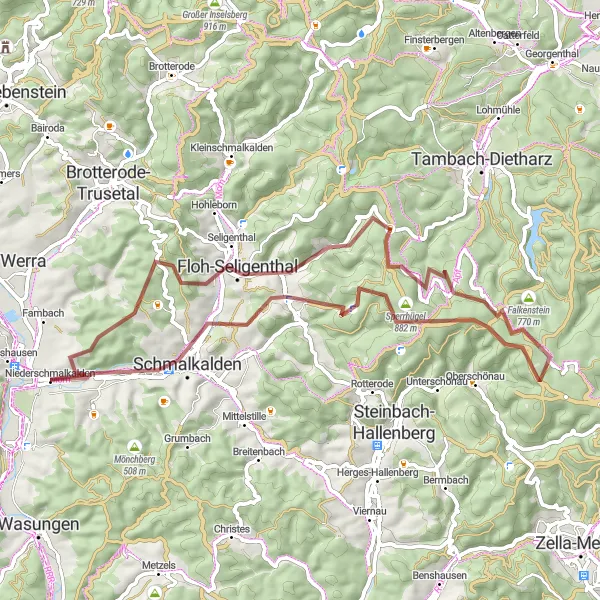 Karten-Miniaturansicht der Radinspiration "Gravel-Tour rund um Schmalkalden" in Thüringen, Germany. Erstellt vom Tarmacs.app-Routenplaner für Radtouren