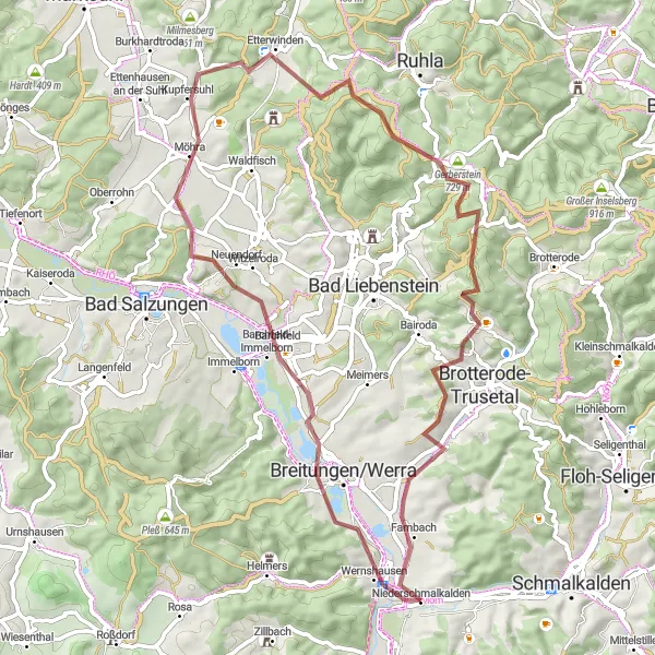 Map miniature of "The Gravel Adventure" cycling inspiration in Thüringen, Germany. Generated by Tarmacs.app cycling route planner