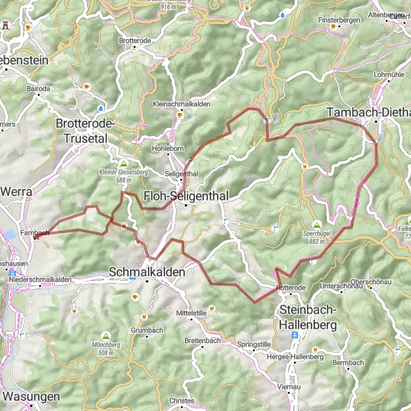 Map miniature of "Thrilling Gravel Adventure" cycling inspiration in Thüringen, Germany. Generated by Tarmacs.app cycling route planner