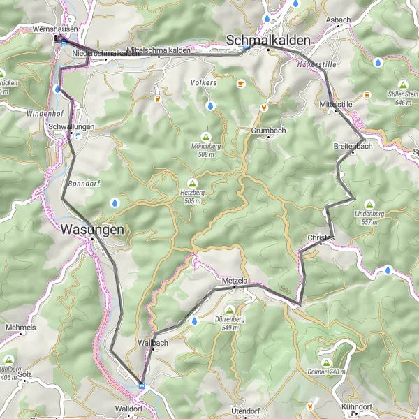Map miniature of "Schmalkalden Loop" cycling inspiration in Thüringen, Germany. Generated by Tarmacs.app cycling route planner