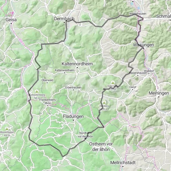 Map miniature of "Rhön Adventure" cycling inspiration in Thüringen, Germany. Generated by Tarmacs.app cycling route planner