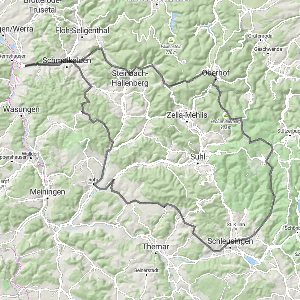 Karten-Miniaturansicht der Radinspiration "Rennsteig-Runde mit Großer Finsterberg und Belvedere" in Thüringen, Germany. Erstellt vom Tarmacs.app-Routenplaner für Radtouren