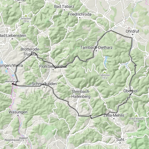 Map miniature of "The Thuringian Mosaic" cycling inspiration in Thüringen, Germany. Generated by Tarmacs.app cycling route planner