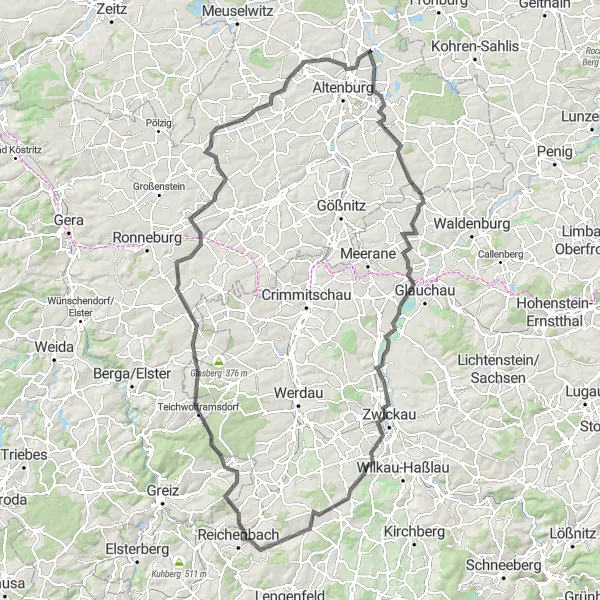 Map miniature of "Zwickau and Stunning Views Road Route" cycling inspiration in Thüringen, Germany. Generated by Tarmacs.app cycling route planner