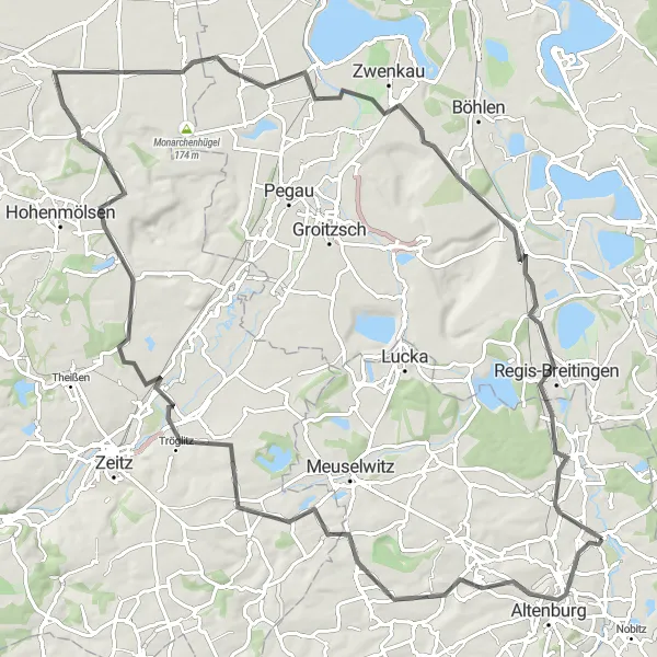 Map miniature of "Thesau and Deutzen Road Route" cycling inspiration in Thüringen, Germany. Generated by Tarmacs.app cycling route planner