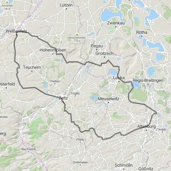 Map miniature of "Altenburg and Zeitz Road Route" cycling inspiration in Thüringen, Germany. Generated by Tarmacs.app cycling route planner