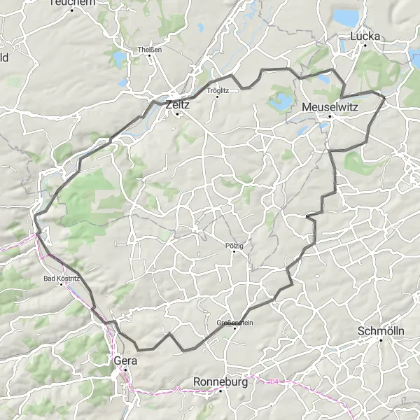 Karten-Miniaturansicht der Radinspiration "Hügellandschaften und malerische Dörfer" in Thüringen, Germany. Erstellt vom Tarmacs.app-Routenplaner für Radtouren