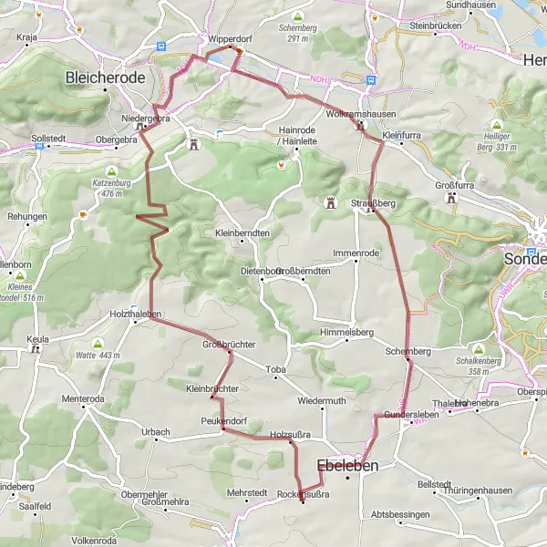 Karten-Miniaturansicht der Radinspiration "Gravel-Tour durch Ebeleben und Niedergebra" in Thüringen, Germany. Erstellt vom Tarmacs.app-Routenplaner für Radtouren