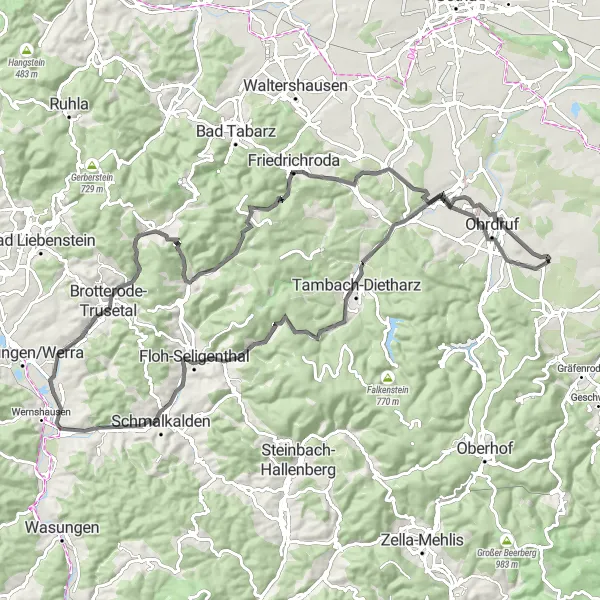 Map miniature of "Thüringen Road Challenge" cycling inspiration in Thüringen, Germany. Generated by Tarmacs.app cycling route planner