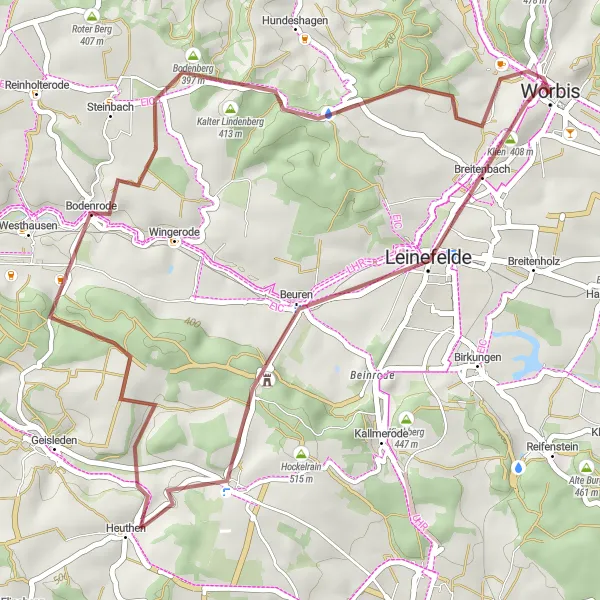 Map miniature of "Worbis Gravel Escape" cycling inspiration in Thüringen, Germany. Generated by Tarmacs.app cycling route planner