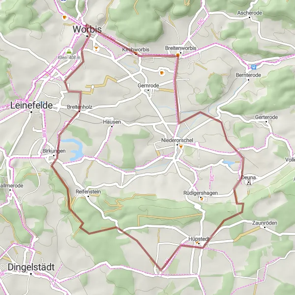 Karten-Miniaturansicht der Radinspiration "Gravel-Tour zu Hüpstedt und Breitenbach" in Thüringen, Germany. Erstellt vom Tarmacs.app-Routenplaner für Radtouren