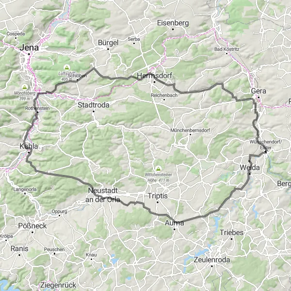 Karten-Miniaturansicht der Radinspiration "Road-Tour durch Thüringen" in Thüringen, Germany. Erstellt vom Tarmacs.app-Routenplaner für Radtouren