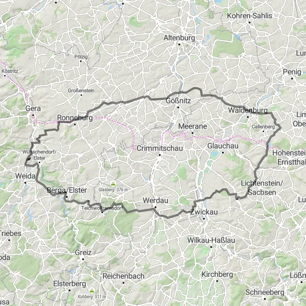 Map miniature of "Wünschendorf Road Adventure" cycling inspiration in Thüringen, Germany. Generated by Tarmacs.app cycling route planner