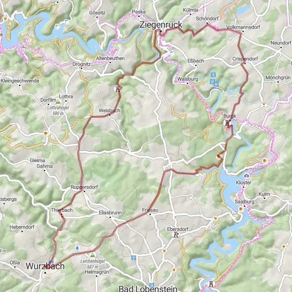 Map miniature of "Discovering Gravel Paths and Hidden Gems" cycling inspiration in Thüringen, Germany. Generated by Tarmacs.app cycling route planner
