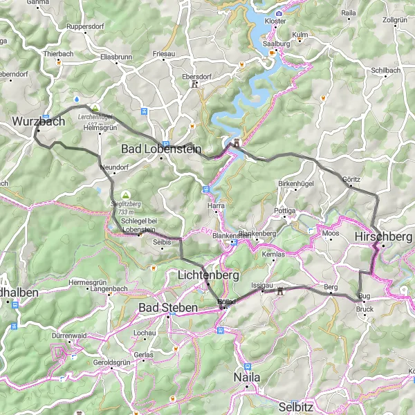 Karten-Miniaturansicht der Radinspiration "Kulturreiche Radroute um Wurzbach über Issigau und Söllhügel" in Thüringen, Germany. Erstellt vom Tarmacs.app-Routenplaner für Radtouren