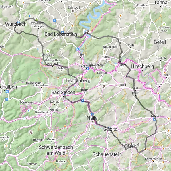 Karten-Miniaturansicht der Radinspiration "Hügeltour um Wurzbach" in Thüringen, Germany. Erstellt vom Tarmacs.app-Routenplaner für Radtouren