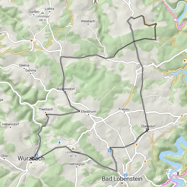 Map miniature of "Wurzbach Round" cycling inspiration in Thüringen, Germany. Generated by Tarmacs.app cycling route planner