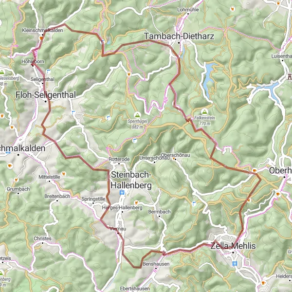 Karten-Miniaturansicht der Radinspiration "Rundtour durch die Thüringer Wälder" in Thüringen, Germany. Erstellt vom Tarmacs.app-Routenplaner für Radtouren