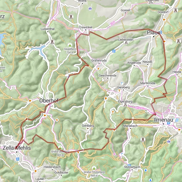 Map miniature of "Mountainous Gravel Challenge" cycling inspiration in Thüringen, Germany. Generated by Tarmacs.app cycling route planner