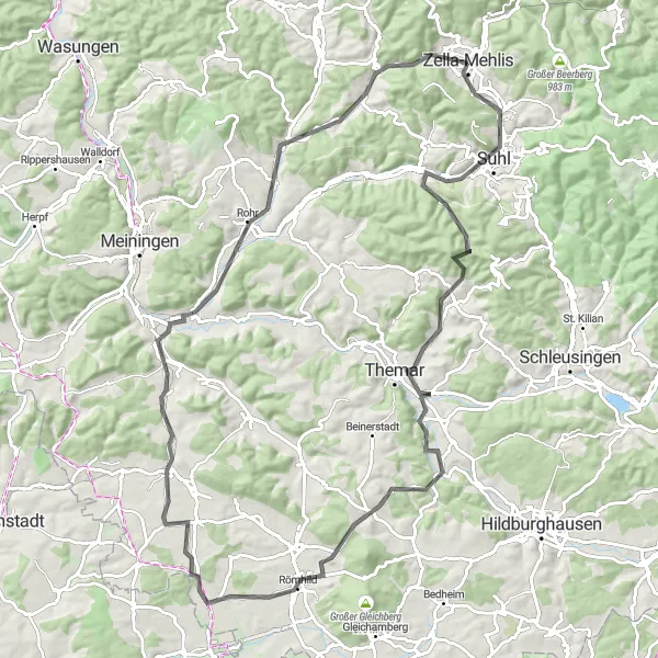 Karten-Miniaturansicht der Radinspiration "Rund um Suhl und Mendhausen" in Thüringen, Germany. Erstellt vom Tarmacs.app-Routenplaner für Radtouren