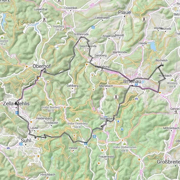 Map miniature of "Sternberg - Stützerbach - Zella-Mehlis Round-trip" cycling inspiration in Thüringen, Germany. Generated by Tarmacs.app cycling route planner