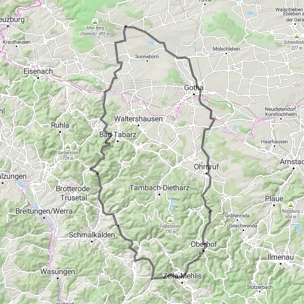 Karten-Miniaturansicht der Radinspiration "Inselsberg-Runde" in Thüringen, Germany. Erstellt vom Tarmacs.app-Routenplaner für Radtouren