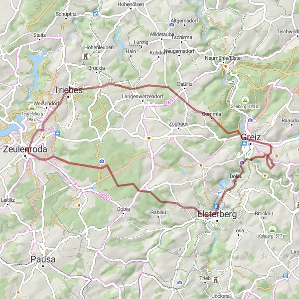 Map miniature of "Zeulenroda to Elsterberg Gravel Route" cycling inspiration in Thüringen, Germany. Generated by Tarmacs.app cycling route planner