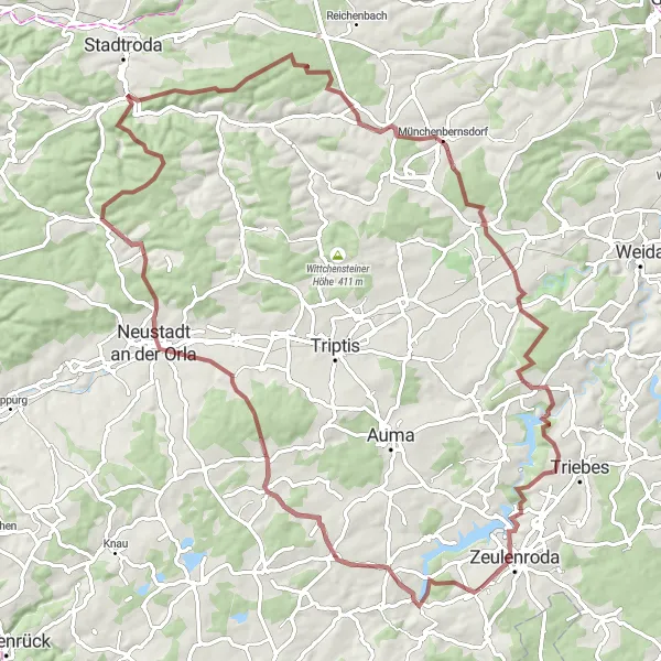 Map miniature of "Adventurous Gravel Ride" cycling inspiration in Thüringen, Germany. Generated by Tarmacs.app cycling route planner