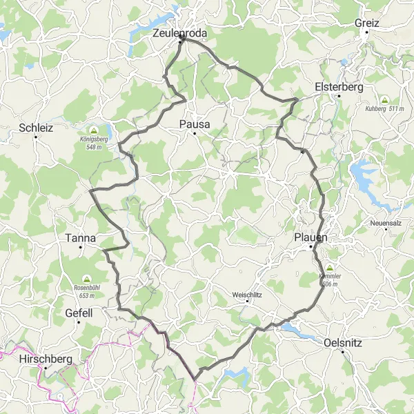 Karten-Miniaturansicht der Radinspiration "Herausfordernde Radrunde durch das Vogtland und Thüringen" in Thüringen, Germany. Erstellt vom Tarmacs.app-Routenplaner für Radtouren