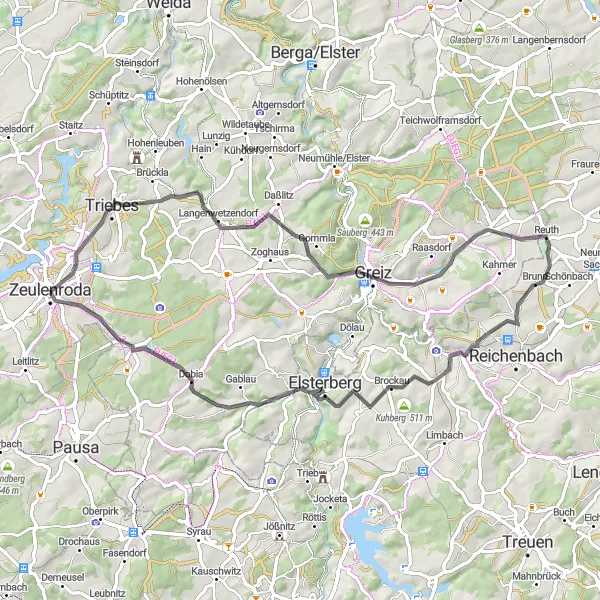 Map miniature of "Zeulenroda Loop" cycling inspiration in Thüringen, Germany. Generated by Tarmacs.app cycling route planner
