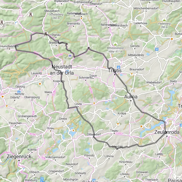 Map miniature of "Adventure through Orla Valley" cycling inspiration in Thüringen, Germany. Generated by Tarmacs.app cycling route planner