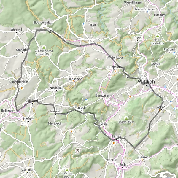 Map miniature of "The Altrich Circuit" cycling inspiration in Trier, Germany. Generated by Tarmacs.app cycling route planner