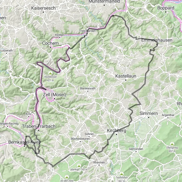 Karten-Miniaturansicht der Radinspiration "Die Mosel und Hunsrück Tour" in Trier, Germany. Erstellt vom Tarmacs.app-Routenplaner für Radtouren